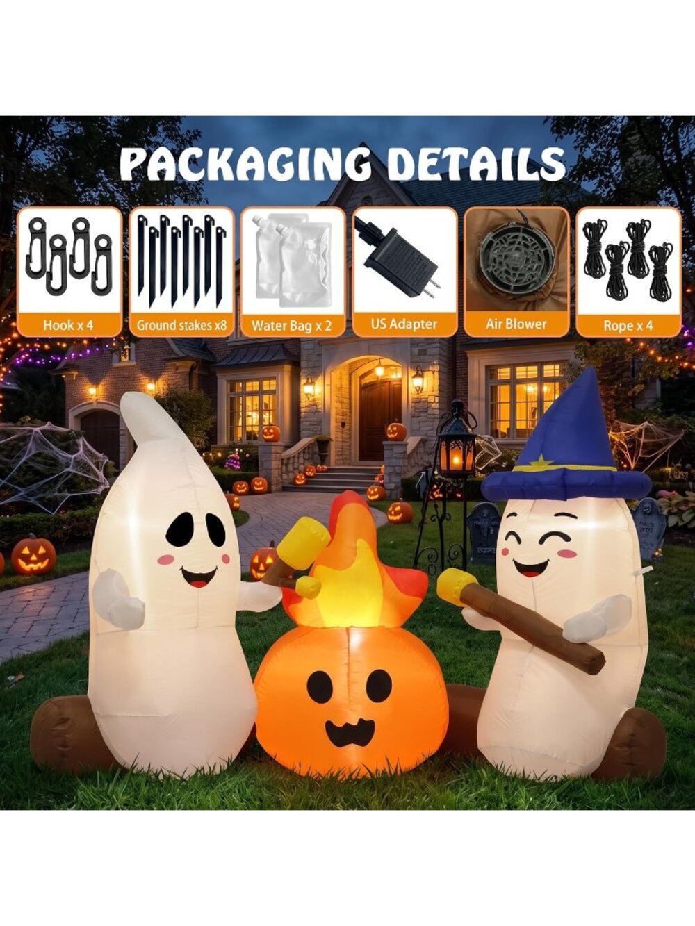 🎃6FT White Orange Halloween Inflatables Ghosts Outdoor Cute Yard Decorations - Picture 6 of 7